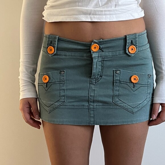 Vintage Diesel Faded Blue Cargo Denim Orange Button Micro Mini Skirt 27 - Picture 3 of 4